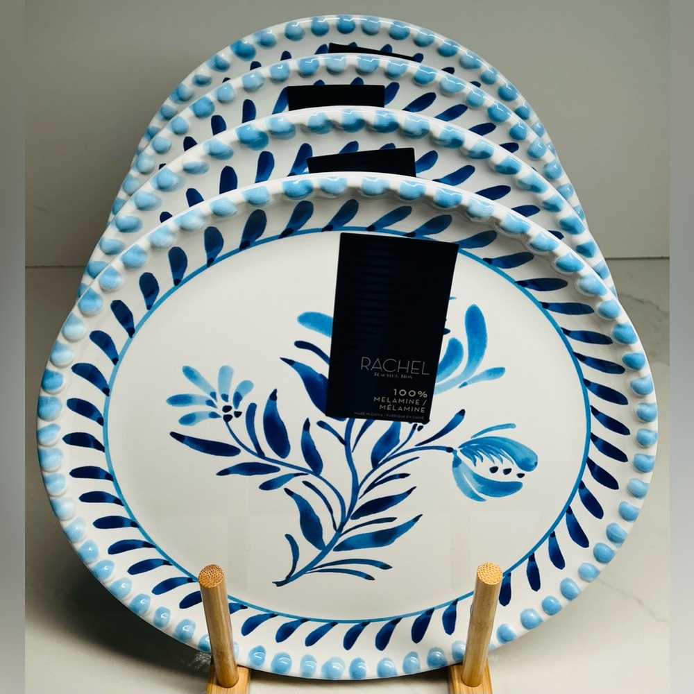 4 Salad Plates Rachel Roy Blue and White Floral 8.5” Melamine New